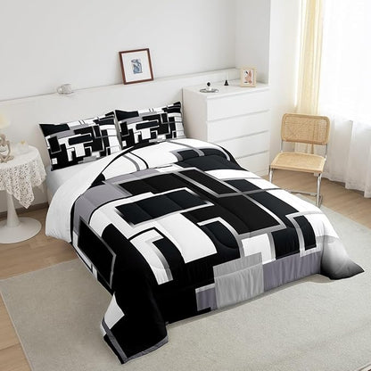 Erosebridal Geometric Comforter Sets Twin Black and White Bedding Set for Kids Teens Youth,Modern Ombre Quilt Set Soft,Mid Century Square Duvet Insert with 1 Pillow Sham Lightweight Warm