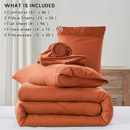Anluoer Burnt Orange Full Comforter Set 7 Pieces, Bed in a Bag with Sheets, All Season Bedding Sets with 1 Comforter, 2 Pillow Shams, 2 Pillowcases, 1 Flat Sheet, 1 Fitted Sheet