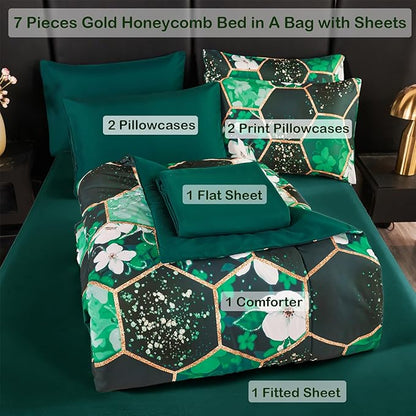 ANGIYUIN Green Marble California King Size Comforter Sets White Flowers Bedding Sets 7Pcs Gold Honeycomb Bed in A Bag for Women Men Luxury Farmhouse Bed Comforter Sets for All Season