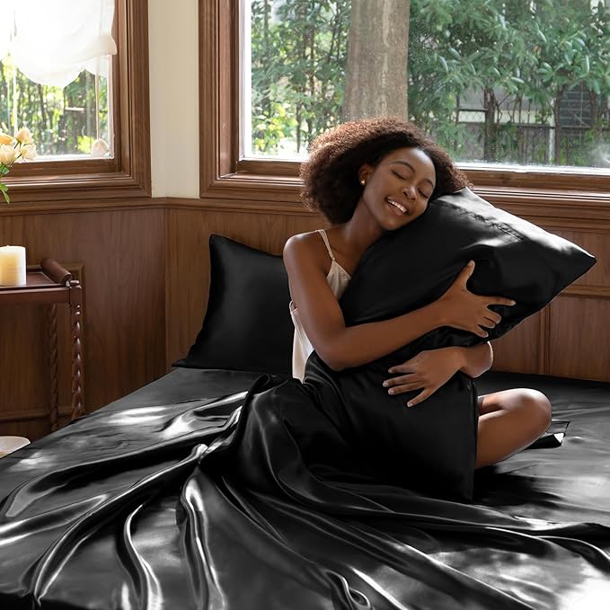 CozyLux Satin Sheets Cal King Sheet Set - 4 Piece Silky California King Sheets, Luxury Black Bed Sheet Set with Smooth and Soft Microfiber, Includes 1 Fitted Sheet, 1 Flat Sheet and 2 Pillowcases