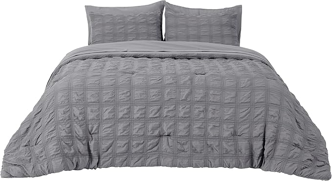 Bedsure Bed in a Bag Full - 7 Pieces Plaid Seersucker Bedding Comforter Sets, Soft Lightweight Grey Boho Bed Set with Comforters Full Size, Sheets, Pillowcases & Shams