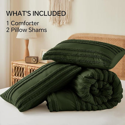 BEDELITE Boho King Size Comforter Set - Olive Green Tufted Striped Bed Set 3 Pieces, Soft Vintage Farmhouse Comforter for All Seasons, Boho Home Decor,Fluffy Jacquard Bedding with Pillow Sham