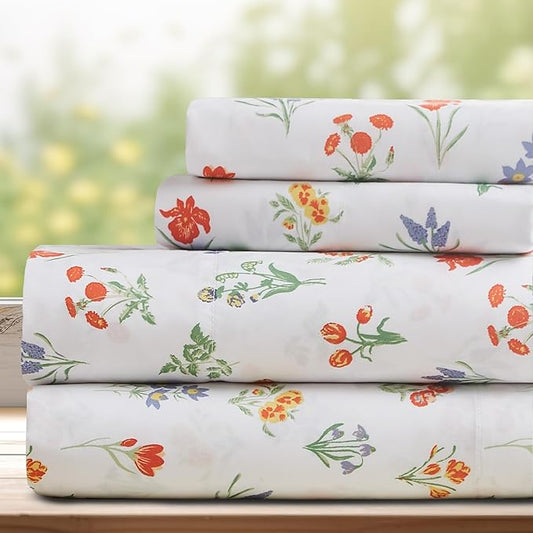 DREAMCARE Queen Size Sheets - Cooling Bed Sheets - 4pcs Set - Queen Sheet Set - Sheets Queen Size Bed - Queen Size Sheet Sets - Soft & Long Lasting 100% Fine Brushed Floral Sheets - Multi Floral