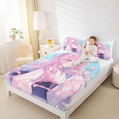 Erosebridal Girls Bedding Set Japanese Style Fitted Sheet Twin, 3D Anime Girl Bed Sheets Cartoon Kawaii Kimono Girl Sheets Romantic Gifts for Her, 1 Fitted Sheet 1 Pillowcase (No Top Sheet)