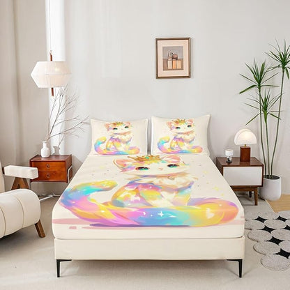 3D Anime Cat Bedding Set for Animal Lovers Cartoon Lovely Cat Fitted Sheet Queen, Kawaii Colorful Pet Bed Sheets for Girls Boys Kids Cartoon Gifts Decor for Bedroom, 1 Fitted Sheet 2 Pillowcases