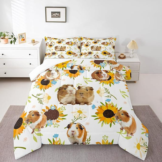 Castle Fairy Guinea Pig Comforter Set Twin Size,Sunflower Floral Leaves Botanical Bedding Set 2Pcs for Kids Girls Boys Adult Room Decor,Cute Pet Animals Quilt Set White Soft Duvet Insert,1 Pillowcase