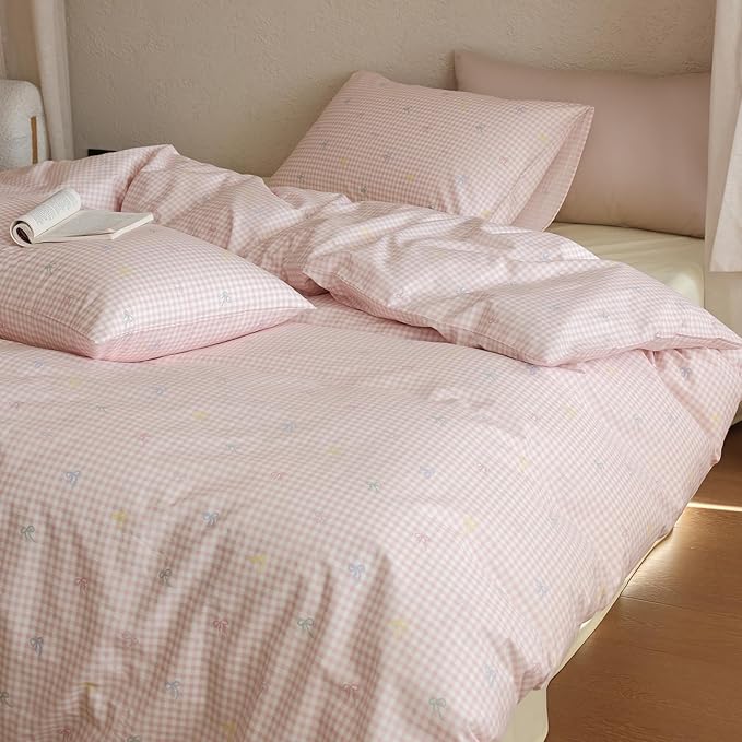 Pink Gingham Comforter Set Full Bow Plaid Bedding Set Light Weight Down Alternative Fluffy Cotton Bedding Comforter Sets for Girls Boho Country Cute Bed Comforter with 2 Pillowcases