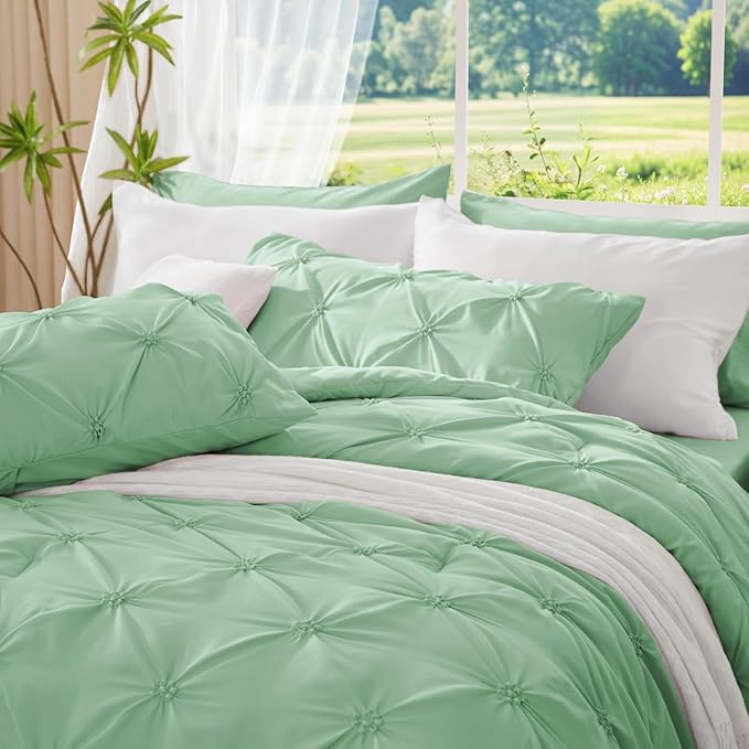 BEDELITE Sage Green Queen Comforter Set - 3 Pieces Boho Pintuck Bedding Comforter Sets, Lightweight Soft & Warm Bed Comforter Queen with 2 Pillowcases for All Season
