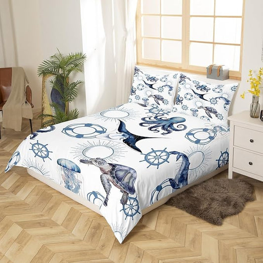 Sea Turtle Full Size Duvet Cover,Octopus Jellyfish Ocean Life Bedding Set for Kids Teens,Nautical Style Sea Animals Comforter Cover Soft Quilt Cover,No Comforter