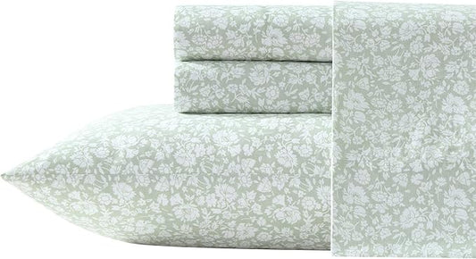 Laura Ashley - Queen Sheet Set, Crisp & Cool Cotton Percale Bedding with Deep Pockets, Lightweight for Year Round Comfort, Bed Sheets with Matching Pillowcases (Heirloom Ditzy Green)