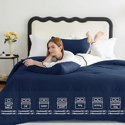 CozyLux Oversized King Comforter Set Navy Blue, 3 Pieces 120x98 Solid Breathable Quilted Bedding Sets for All Seasons, Luxury Soft Lightweight Bed Set with Down Alternative Comforter and 2 Pillowcases