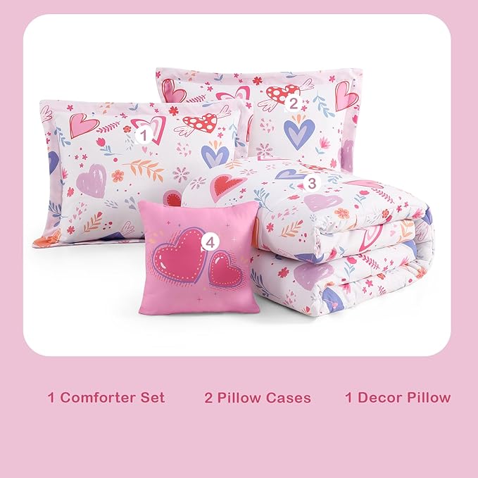 Kids Comforter Set Full Size for Girls, Heart Bedding Set 1 Comforter, 1 Decor Pillow, 2 Pillow Shams