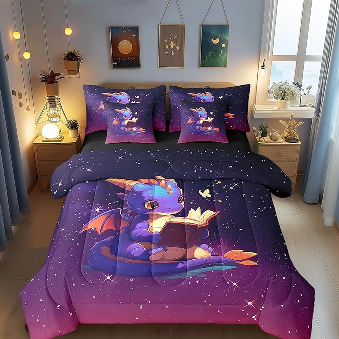 Lovely Dragon Comforter Set 7 Pieces Full Size,Purple Black Ombre Galaxy Bedding Set for Kids,Cartoon Western Dragon Animal (Comforter+Fitted+Flat Sheet+2 Pillowcases+2 Throw Pillow Covers)