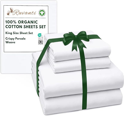 RUVANTI 100% Organic Cotton Sheets King Size, Percale Weave, GOTS Certified, 4-Piece Set, Deep Pocket 15", Crisp & Breathable, Soft Durable Bedding, Sábanas Algodón Orgánico – Bright White
