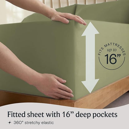 LuxClub 4 PC Full Sheet Set, Breathable Luxury Bed Sheets, Deep Pockets 18" Wrinkle Free Cooling Bed Sheets Machine Washable Hotel Bedding Silky Soft - Olive Full