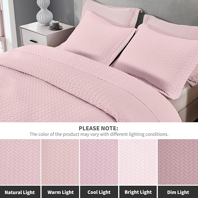Maple&Stone Quilt Set King Size, Lightweight Pink Bedspread Ultrasonic Chevron Pattern Light Coverlet for All Season Comforter Bedding Decor - 3 Piece King Bed Cover Sets