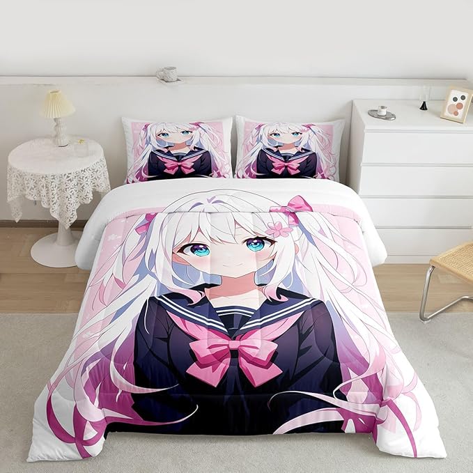 Erosebridal Kawaii Japanese Girl Comforter Set Cartoon Anime Bedding for Kids Boys Girls 3D Japanese Style Bedding Comforters & Sets Sailor Suit Uniform Girl Design Duvet Insert Full Size