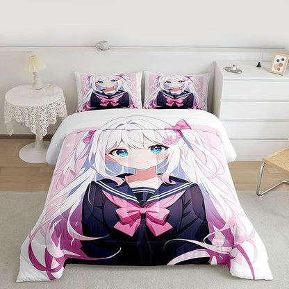 Erosebridal Kawaii Japanese Girl Comforter Set Cartoon Anime Bedding for Kids Boys Girls 3D Japanese Style Bedding Comforters & Sets Sailor Suit Uniform Girl Design Duvet Insert Full Size