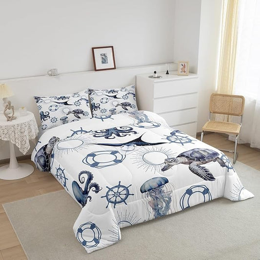 Sea Turtle Bedding Set for Boys Girls,Octopus Jellyfish Ocean Life All Season Cozy Comforter Set Full Size,Nautical Style Sea Animals Duvet Set Bedroom Décor,Gift for Kids