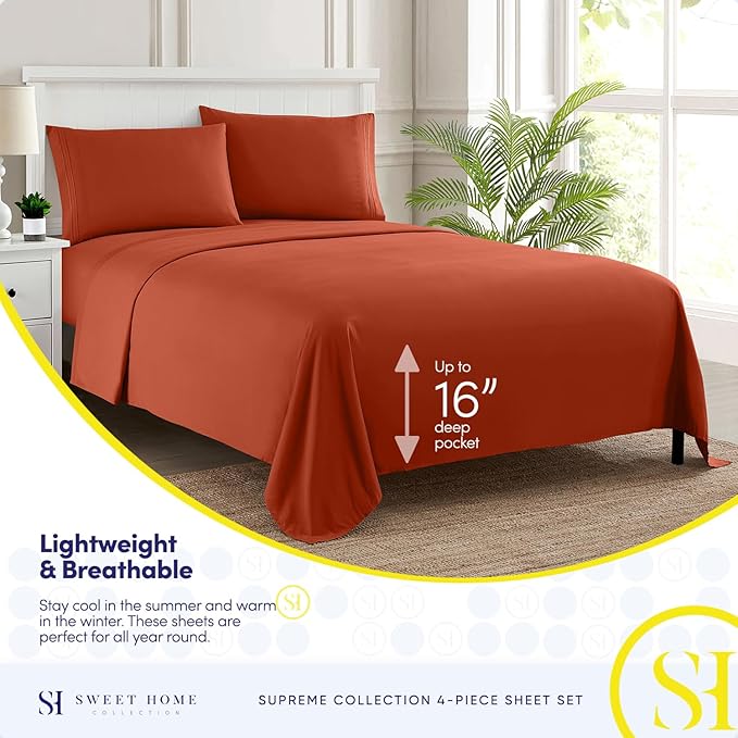 Queen Size Bed Sheets - Breathable Luxury Sheets with Full Elastic & Secure Corner Straps Built In - 1800 Supreme Collection Extra Soft Deep Pocket Bedding Set, Sheet Set, Queen, Rust