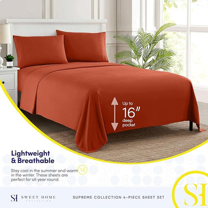 King Size Sheets - Breathable Luxury Bed Sheets with Full Elastic & Secure Corner Straps Built In - 1800 Supreme Collection Extra Soft Deep Pocket Bedding Set, Sheet Set, King, Rust