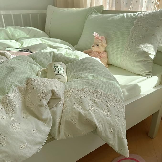 VM VOUGEMARKET Green Gingham Comforter Set with White Lace Twin XL Kids Teens Mini Check Quilt Comforter for Girl's College Dorm Soft Lightweight Cozy Bedding Set
