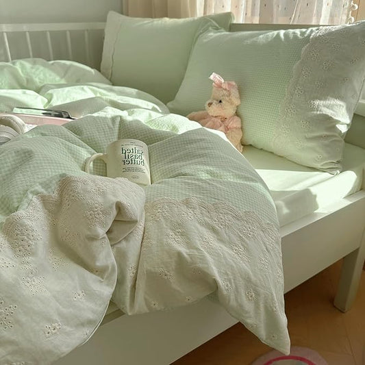 VM VOUGEMARKET Green Gingham Comforter Set with White Lace Twin XL Kids Teens Mini Check Quilt Comforter for Girl's College Dorm Soft Lightweight Cozy Bedding Set