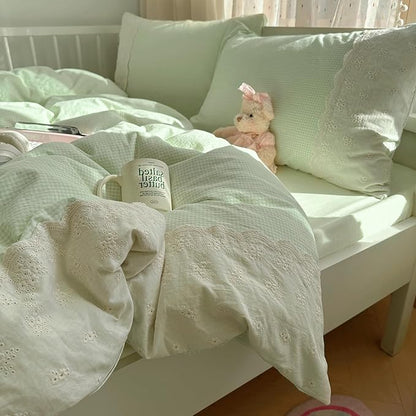 VM VOUGEMARKET Green Queen Comforter Set 3 Pieces Romantic Lace Bedding Set Simple Cozy Small Green Gingham Checked Comforter/Quilt for Teen Girls Students