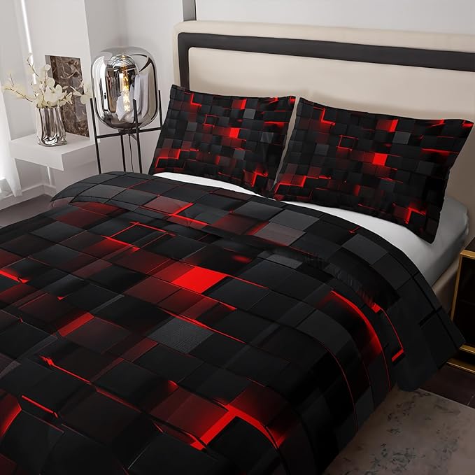 red and Black King Size Comforter Set,red and Black Room Decor for Bedroom for Women,King Quilt Bedding Set Geometry