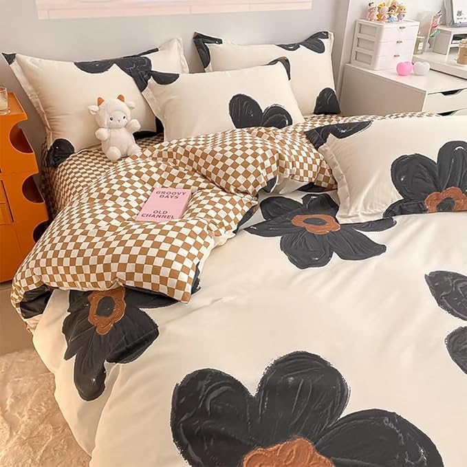 Houseri Black Floral Comforter Set Queen 3D Sunflower Beige White and Black Kawaii Bedding Comforter Queen Size Women Teen Girls Dorm Bedding Soft Flowers Bed Comforter Black Brown Plaid Quilts Queen