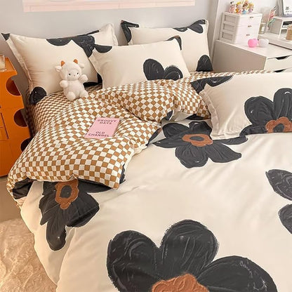 Houseri Black Floral Comforter Set Queen 3D Sunflower Beige White and Black Kawaii Bedding Comforter Queen Size Women Teen Girls Dorm Bedding Soft Flowers Bed Comforter Black Brown Plaid Quilts Queen