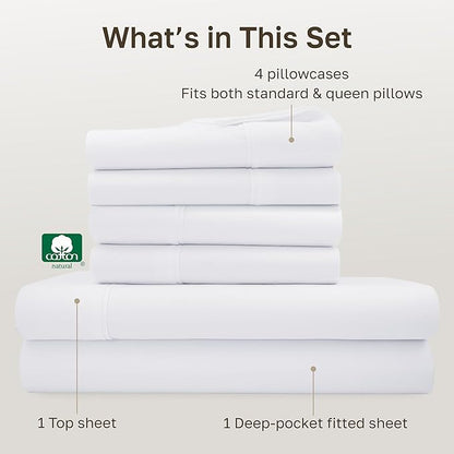 California Design Den 6 Pc Queen Size Sheet Set with 4 Pillowcases - Soft 400 Thread Count 100% Cotton Sheets, Sateen, Deep Pockets with All Around Elastic, Durable Bedding Set - White