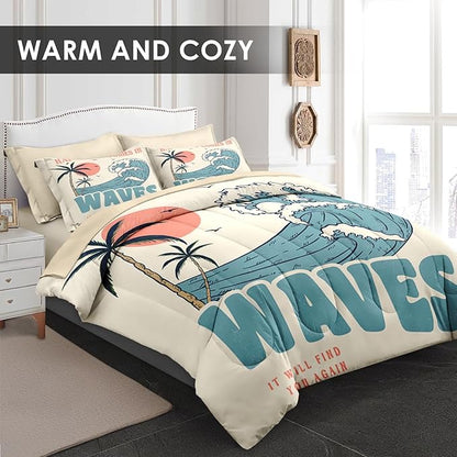 Comforter Set Full Size, Summer Beach Surf 7 Pcs Bedding for Kids and Adults, Vintage Board Palm Bed Sheet Sets with Fitted Sheet 2 Pillowcases & 2 Shams for Bedroom Bed Decor