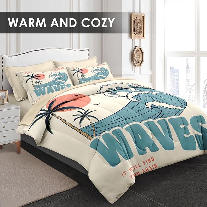 Comforter Set King Size, Summer Beach Surf 7 Pcs Bedding for Kids and Adults, Vintage Board Palm Bed Sheet Sets with Fitted Sheet 2 Pillowcases & 2 Shams for Bedroom Bed Decor