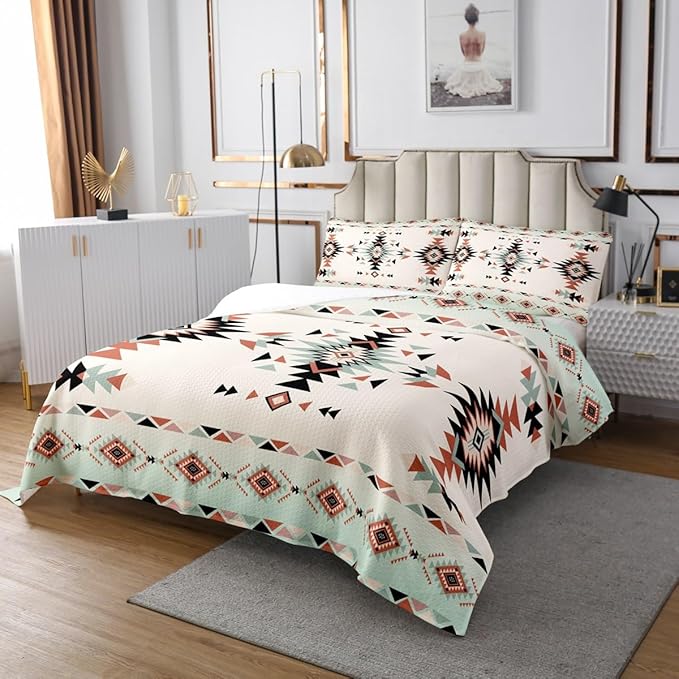 Manfei Western Cowboy Kids Bedspread Twin Size,Geometric Aztec Patchwork Coverlet Set,Boys Girls Room Decor,Southwest Boho Tribal Ethic Quilted Coverlet,Rustic Farmhouse Bedding Quilt,1 Pillowcase