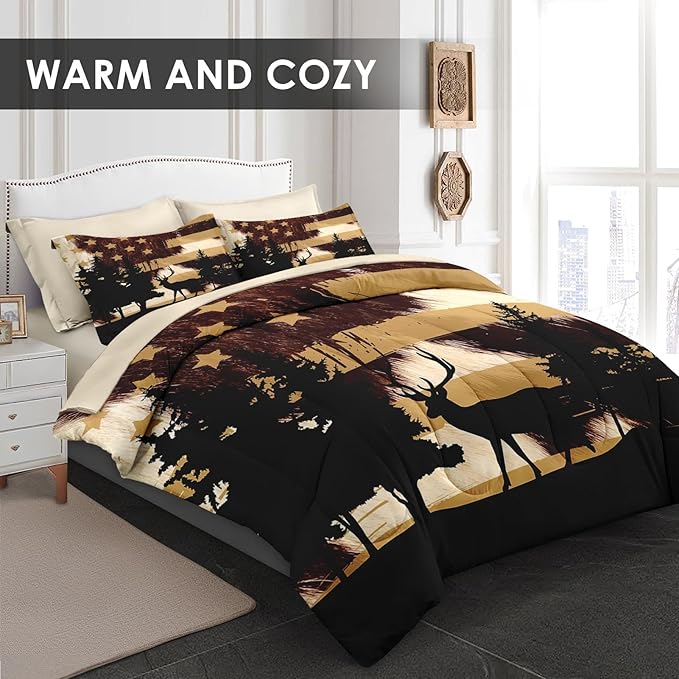 7 Pcs Queen Size Comforter Set with 2 Pillowcases & 2 Shams, Retro Hunting Deer Bedding for Kids and Adults, American Flag Animal Bed in a Bag with Flat Fitted Sheet