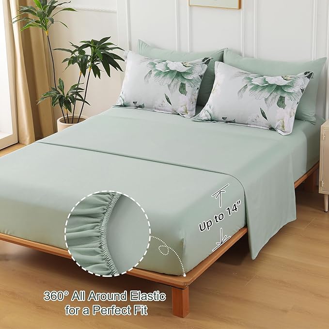 Dobuyly Floral Comforter Set Queen 7 Piece Bed in a Bag, Sage Green Reversible Comforter Set with Sheets, Soft Microfiber Botanical Flowers Summer Bedding Set for All Season