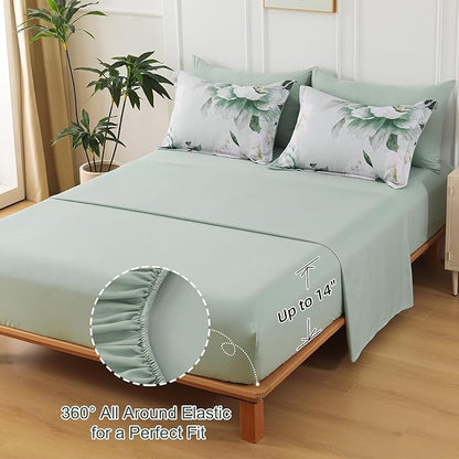Dobuyly Floral Comforter Set Queen 7 Piece Bed in a Bag, Sage Green Reversible Comforter Set with Sheets, Soft Microfiber Botanical Flowers Summer Bedding Set for All Season