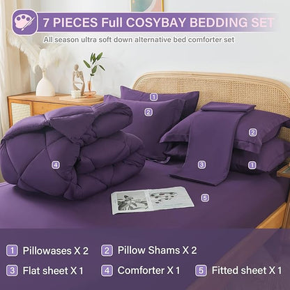 Cosybay Bed in a Bag Queen Comforter Sets 7pcs All Season Solid Down Alternative Bedding Sets Purple with Comforter, Pillow Shams, Flat Sheet, Fitted Sheet and Pillowcases
