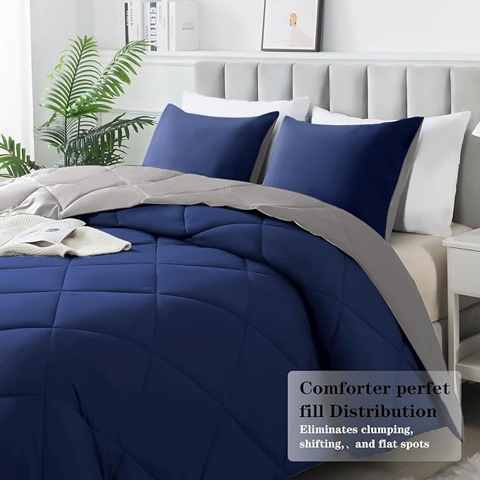 3-Piece Full Comforter Set,All-Season,Soft & Hypoallergenic &Breathable Bedding,Polyester Quilted,Down Alternative(Comforter*1 & Pillowcases*2),Dark Gray/Dark Blue