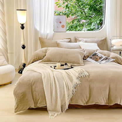 Luxlovery Khaki Velvet Comforter California King Cream Flannel Bedding Minimalist Bedding Set Dark Champagne Blanket Quilts Heavyweight Winter Taupe