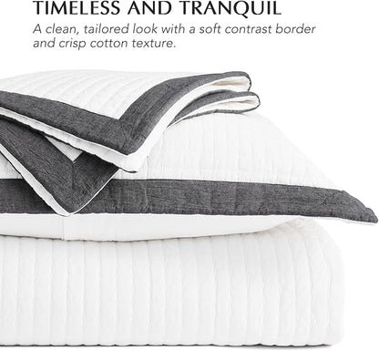 EVERGRACE Cotton Border Frame Tack-Stitch Quilt Bedding Set Queen Size, Coastal Oversized 3 Pieces Lightweight Bedspread Coverlet for All Season, with 2 Matching Shams, Washed Black