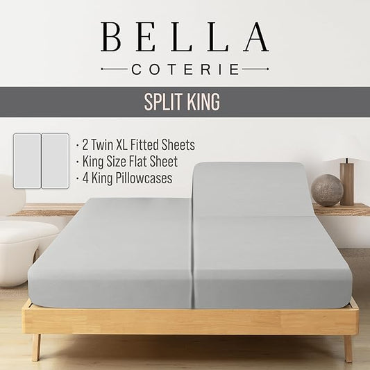 Bella Coterie 7 Piece Luxury Bamboo Viscose Split King Size Sheet Set | 2 Fitted Sheets for Adjustable Beds | 100% Organically Grown | Cooling for Hot Sleepers | 4 Pillowcases [Grey Mist]