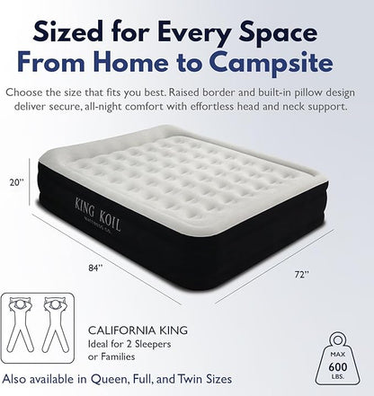 King Koil Luxury California King Size Air Mattress with Built-in High-Speed Pump Best for Home, Camping & Guests, 20" Double High Airbed Adjustable Blow Up Mattress, Waterproof, 1-Year Warranty