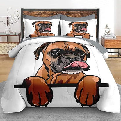 Comforter Set Full Size, Dog Funny Family 7 Pcs Bedding for Kids and Adults, Animal Cute Boxer Bed Sheet Sets with Fitted Sheet 2 Pillowcases & 2 Shams for Bedroom Bed Decor