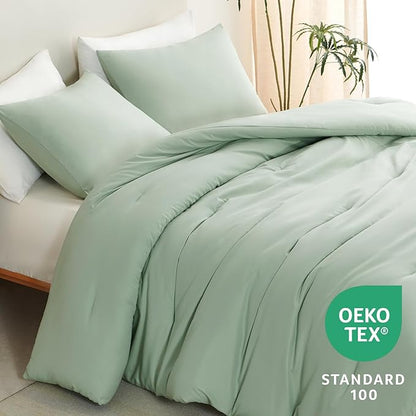 CozyLux Sage Green Queen Comforter Set, 3 Pieces Solid Breathable Quilted Bedding Sets, Luxury Fluffy Soft Bed Set with Down Alternative Comforter for All Season (1 Comforter & 2 Pillowcases)