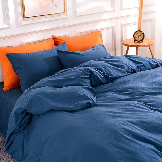 NEXHOME PRO Duvet Cover Set Queen Size Linen Feel Textured Navy Organic Natural 100% Washed Cotton Duvet Cover 3 Pieces Bedding Set with Zipper Closure, Breathable, Soft (No Comforter)