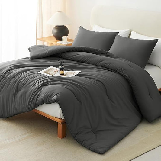 CozyLux California King Comforter Set Dark Grey, 3 Pieces Cal King Solid Breathable Bedding Set All Seasons, Dark Gray Luxury Soft Lightweight Bed Set with Down Alternative Comforter and 2 Pillowcases