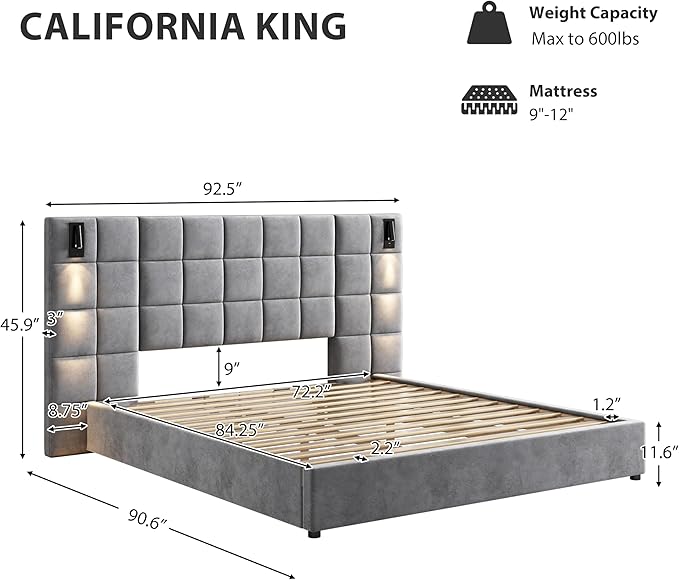Merax California King Size Upholstered Velvet Bed Frame, with Wall Sconce and USB Port, Wide Headboard for Bedroom, (Without Bedside Tables & Mattress), Gray