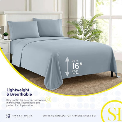 Queen Size Bed Sheets - Breathable Luxury Sheets with Full Elastic & Secure Corner Straps Built In - 1800 Supreme Collection Extra Soft Deep Pocket Bedding Set, Sheet Set, Queen, Misty Blue